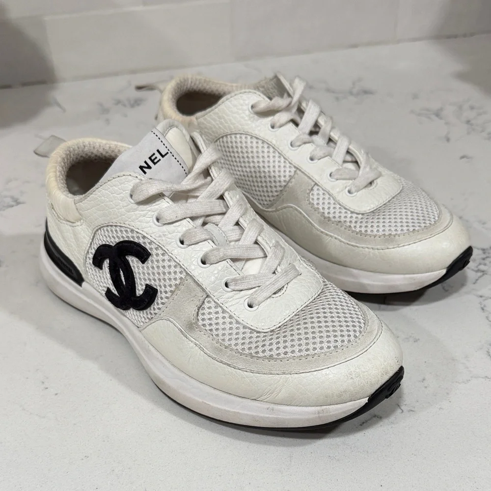 CHANEL Women's Cream and Black Sneakers Size 37.5